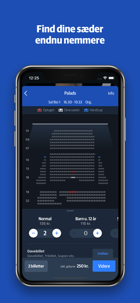 Cinema seating chart for seat selection in the Nordisk Film Biografer mobile app.