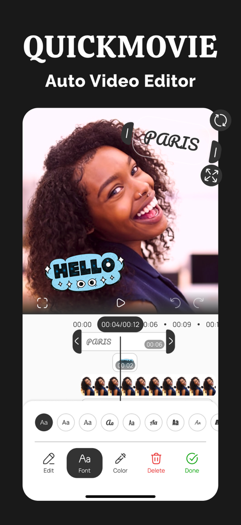 QuickMovie: Auto Video Editor - Interface of the QuickMovie app showing a video timeline with text and sticker overlays being edited