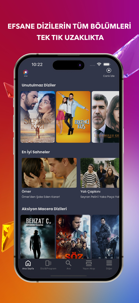 잊을 수 없는 터키 드라마와 액션 어드벤처 시리즈 카테고리를 보여주는 Star TV 모바일 앱 홈 화면.