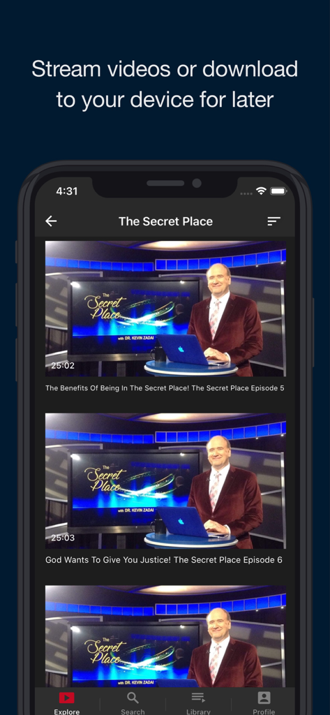 A mobile interface showing a list of religious videos for streaming or downloading in the Warrior Notes TV app.