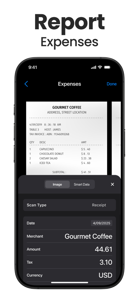 Scanner App - Scan PDF & Docs - Scanner Appのインターフェースで、コーヒーショップのレシートからデータを抽出し、経費を報告しているスマートフォンを表示