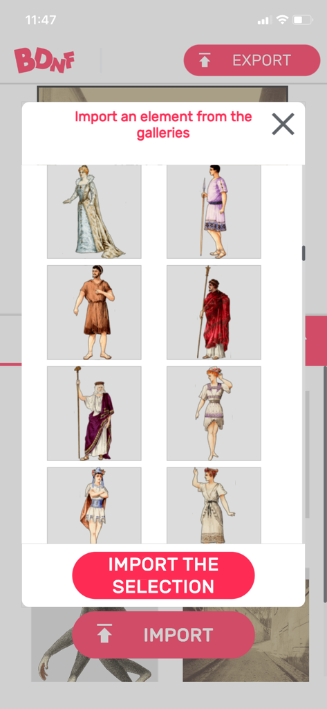BDnF (light version) - Interface de l'application mobile légère BDnF montrant une galerie de personnages pour importer des figures de style classique dans une BD
