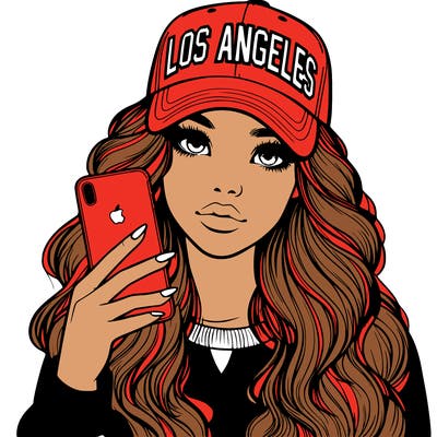 realistic beautiful girl wearing los ángeles cap holding an iphone