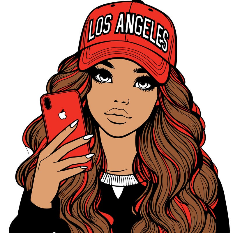 realistic beautiful girl wearing los ángeles cap holding an iphone