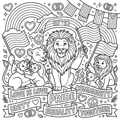 Delight your child with this heartwarming African Lions coloring page, celebrating Pride Month with a joyful lion family. This engaging design is filled with symbols of love, unity, and community spirit, perfect for young artists.