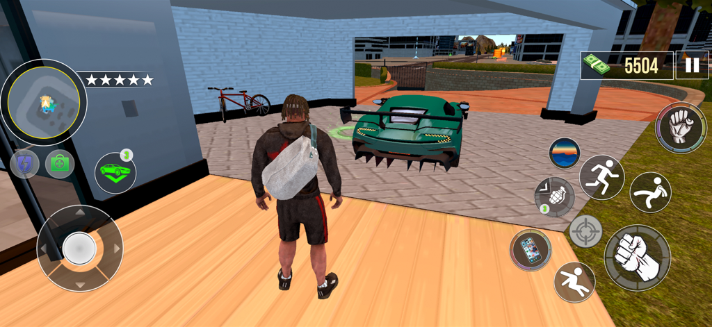 Gangster Game: Warlord Mafia - Jugabilidad en tercera persona de un personaje gánster parado cerca de un coche deportivo en un garaje