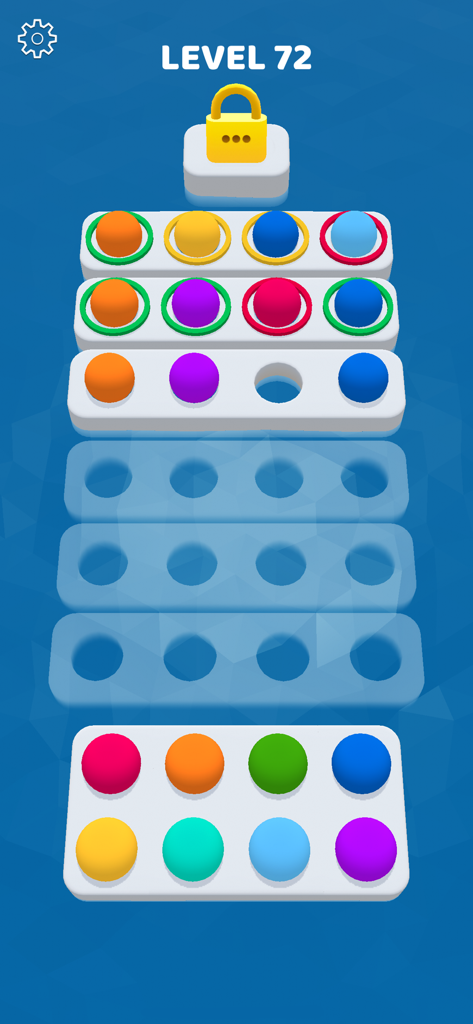 Gameplay screen of Get It Right! showing a color-coded logic puzzle at level 72