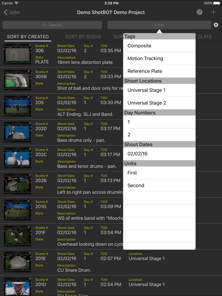 ShotBOT iPad app interface showing a list of VFX scenes and an open filter menu with tags and shoot locations