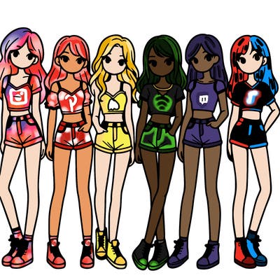 a group of girls wearing crop tops and shorts