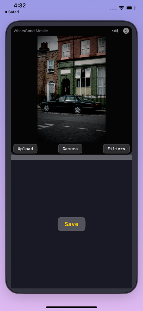 App interface for digital camera filter with a retro photo and navigation buttons.