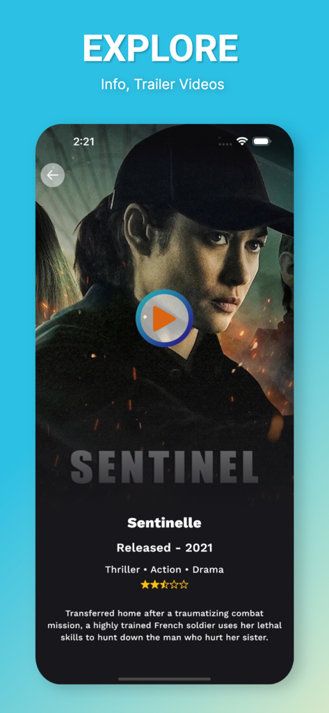 Écran de l'application Soap2day montrant les détails du film et un bouton de lecture de bande-annonce pour le film Sentinelle