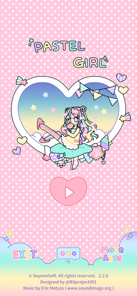 Pastel Girl - Pastel Girl app title screen with a cute anime character in a heart frame and a pink play button