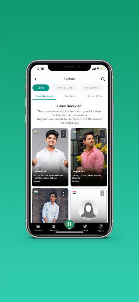 Way To Nikah: Muslim Matrimony - Way To Nikah app screenshot showing profiles of members who expressed interest in the likes received section