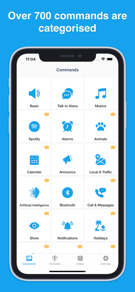 Interfaccia dell'app mobile che mostra comandi vocali Alexa categorizzati, inclusi musica, sveglie e funzionalità per la casa intelligente.