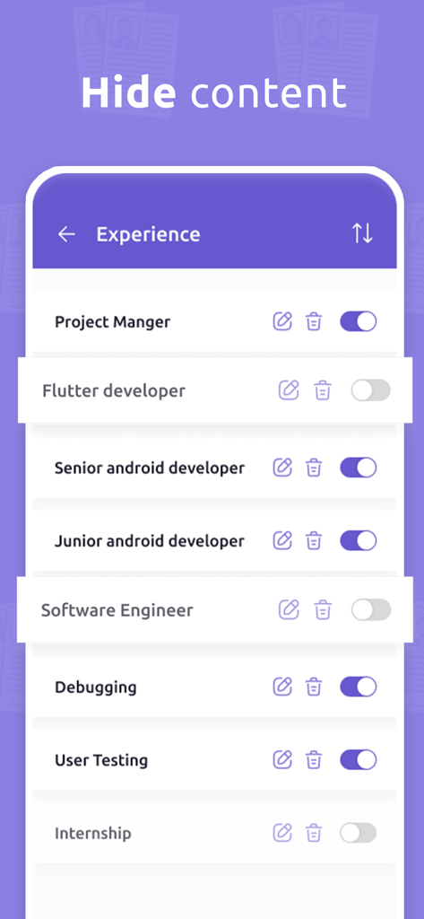 CV Maker: Resume Builder App - Mobile App-Oberfläche, die zeigt, wie bestimmte Lebenslauferfahrungsabschnitte ausgeblendet oder aktiviert werden