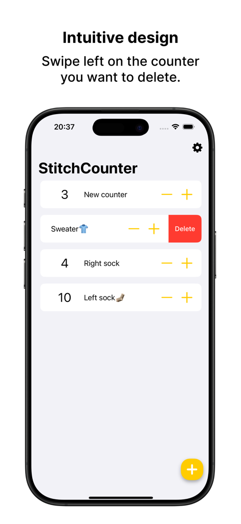 Stitch Counter App - A screenshot of the Stitch Counter app interface demonstrating the swipe left gesture to delete a counter.