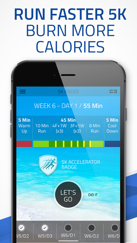 Pacer 5K: run faster races - Pacer 5K app screen showing a week 6 interval training schedule