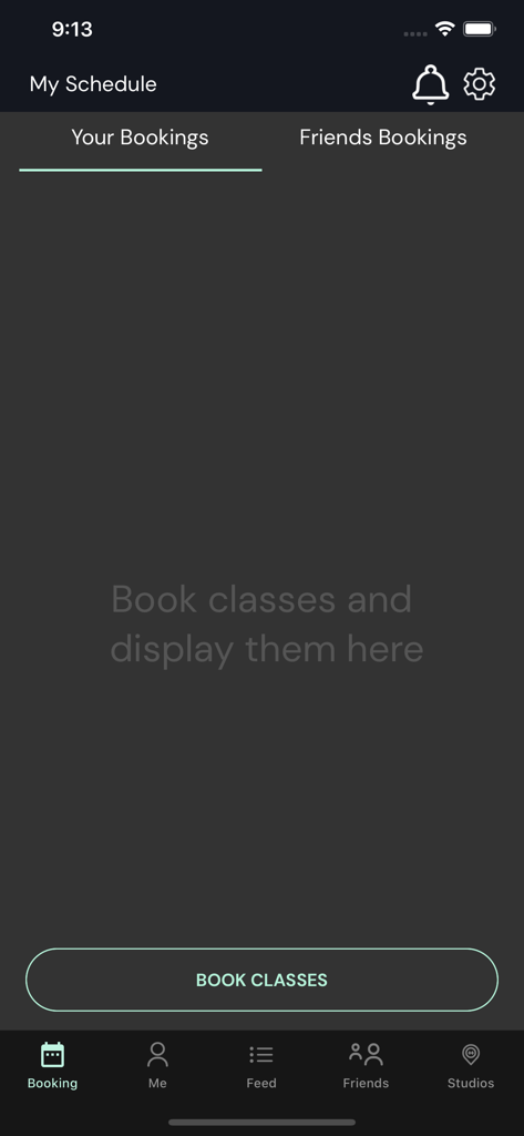 jo:ga - Interfaz de la aplicación móvil jo:ga para el estudio de yoga que muestra la pantalla de horario vacío y un botón para reservar clases