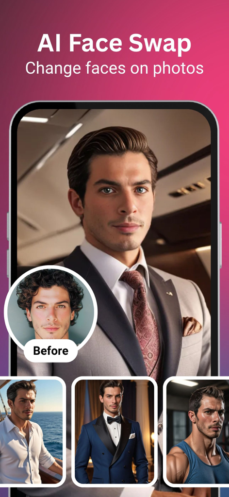 Interface of Facezy app showing AI face swap feature with a man's face being placed onto various body types and settings