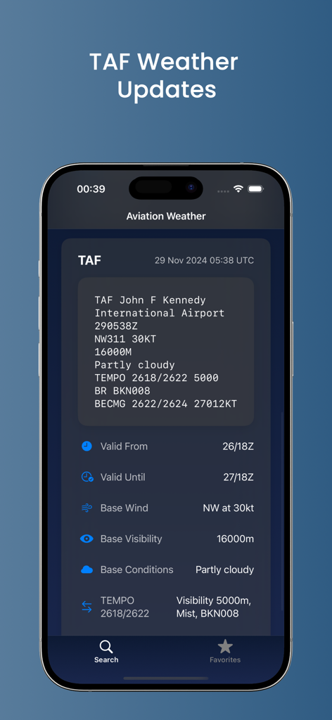 モバイルアプリインターフェース上のジョン・F・ケネディ国際空港のTAF気象アップデートを表示する画面