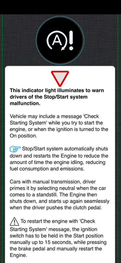 Land Rover Warning Lights Info - App-Screenshot, der die Warnleuchte für Fehlfunktionen des Start-Stopp-Systems von Land Rover und Anweisungen zum manuellen Neustart erklärt