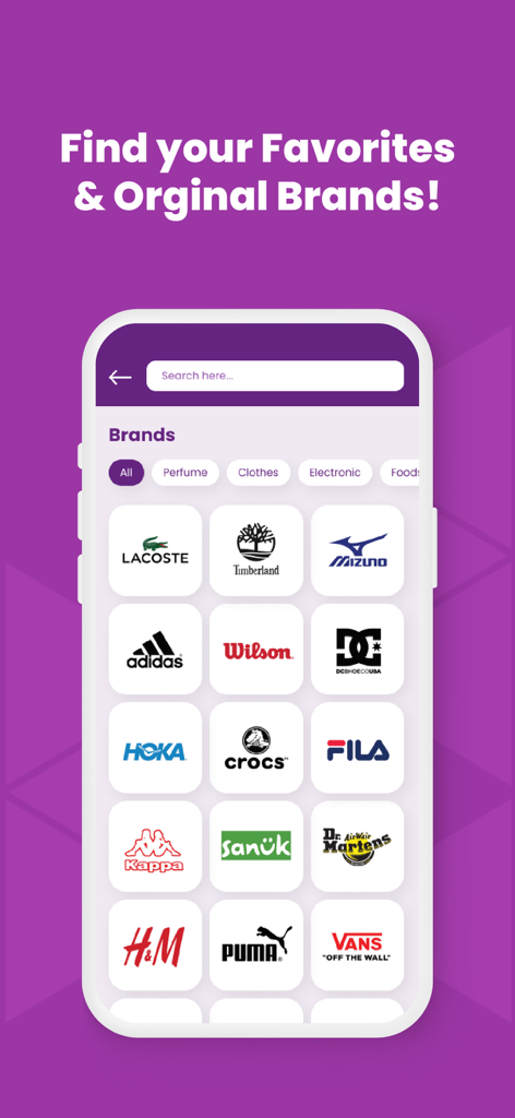 Bazzaar - Bazzaar app interface displaying a grid of original brand logos like Adidas Puma and Lacoste for shopping