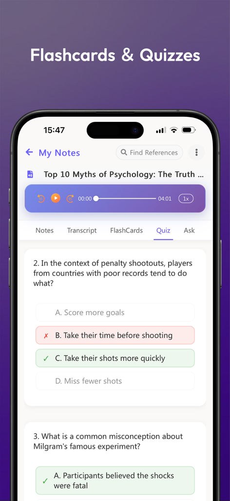 EasyNoteAI-AI Note Taker - Interfaz de la aplicación EasyNoteAI mostrando un cuestionario de psicología con opciones de opción múltiple para el aprendizaje activo