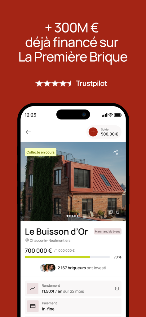 La Première Brique - Mobile app interface for La Premiere Brique real estate crowdfunding showing a property investment project