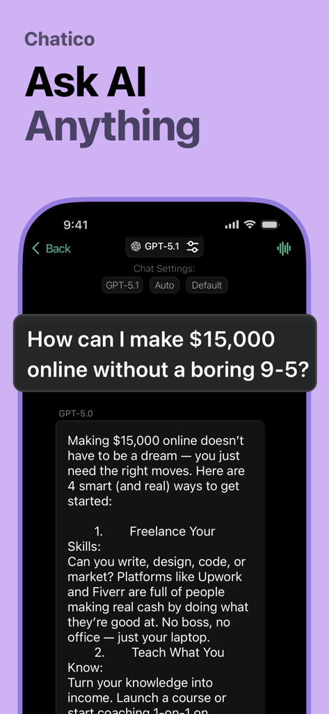 Chatico AI – Chatbot Assistant - Chatico AI chatbot interface showing a conversation about making money online through side hustles
