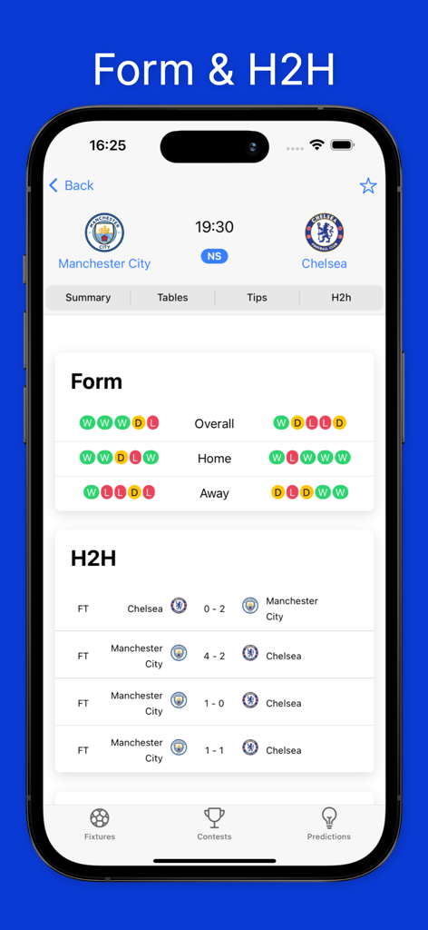 Afriscores: Soccer Predictions - マンチェスター・シティ対チェルシーのサッカー試合のチームフォームと直接対決統計を示すAfriscoresアプリインターフェース
