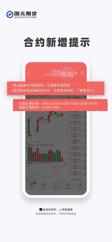 国元期货APP - Guoyuan Futures mobile app interface featuring a technical candlestick chart and trading market notifications
