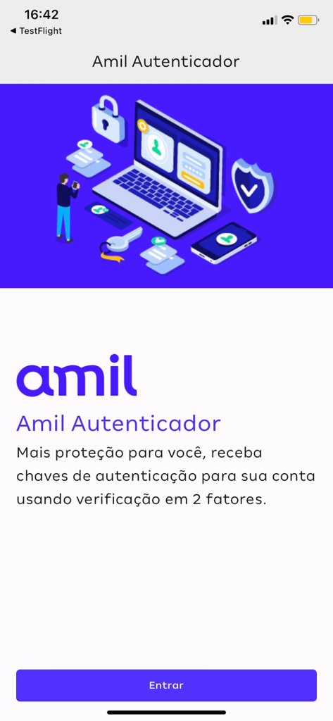 Amil Autenticador - Welcome screen of Amil Autenticador app featuring security illustrations and a login button