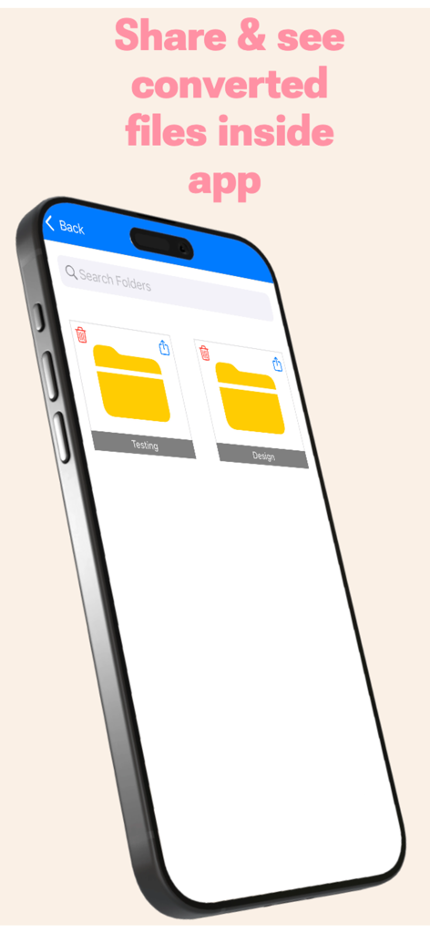 Pantalla de smartphone mostrando carpetas para archivos CDR convertidos dentro de la interfaz de la aplicación