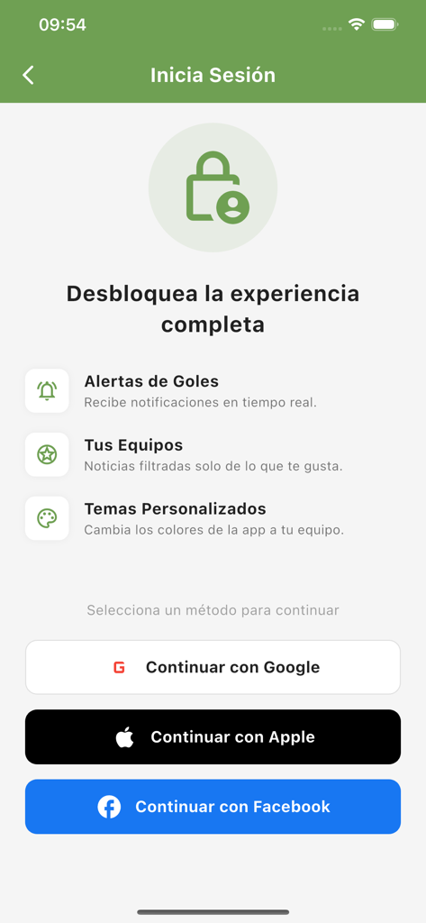 StudioFutbol - Écran de connexion StudioFutbol montrant des avantages tels que des alertes de but et des thèmes personnalisés avec des boutons de connexion sociale.