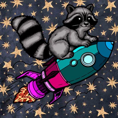 realistic raccoon flying on top rocket ship