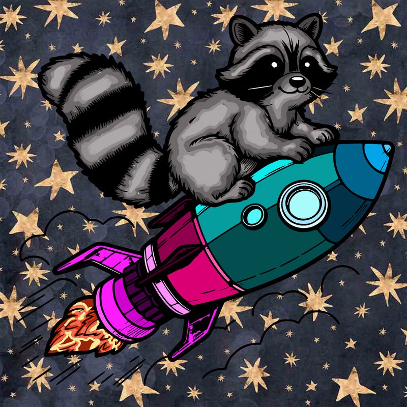 realistic raccoon flying on top rocket ship