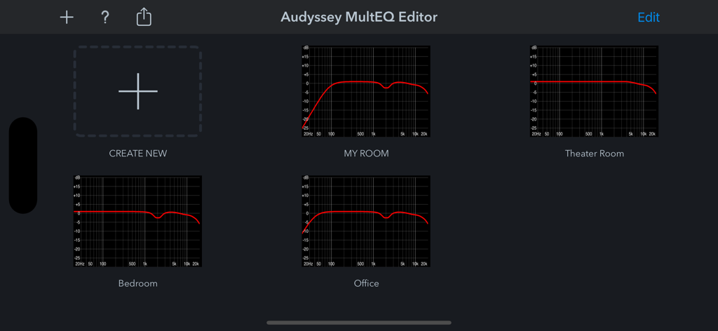 Dashboard of the Audyssey MultEQ Editor app displaying saved room audio calibration profiles