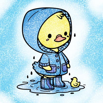 baby duck in a rain coat and boots, in a puddle while it’s raining