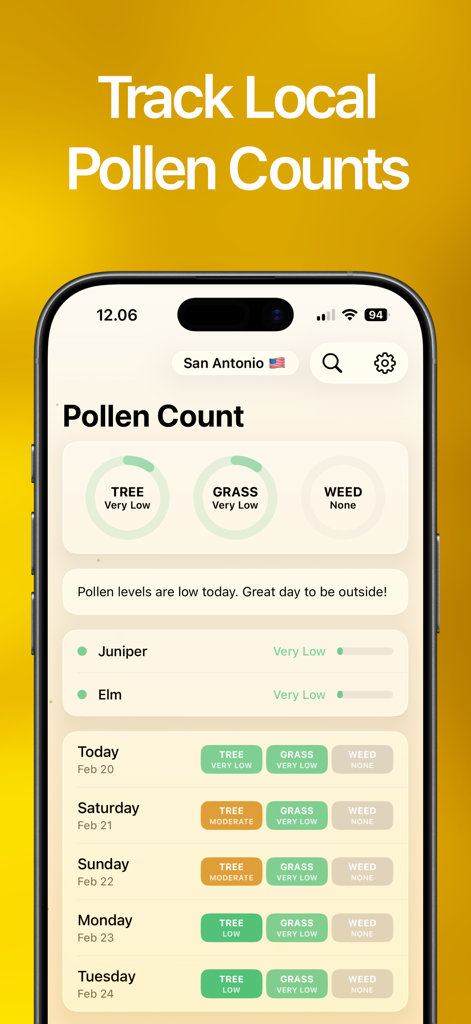 Pollen Count Today: Tracker - La interfaz de la aplicación Recuento de Polen Hoy muestra los niveles de polen locales y un pronóstico de alergias de 5 días para San Antonio.