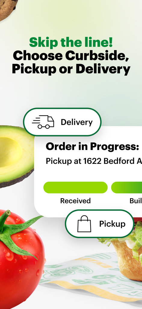 Subway app screen showing options for curbside, pickup, and delivery with an order status tracker.