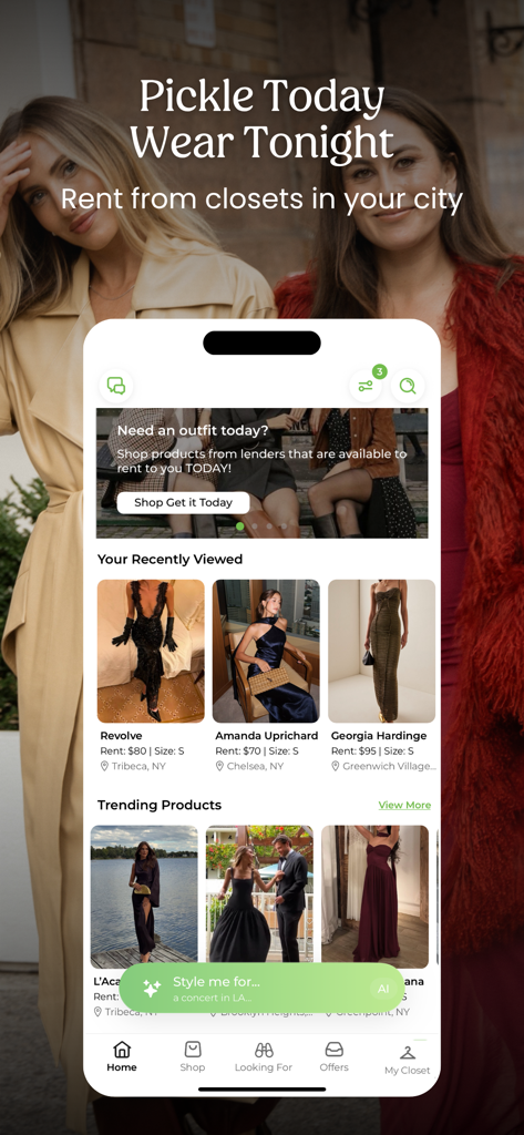 Pickle fashion rental app home screen showing trending designer dresses and local rental options