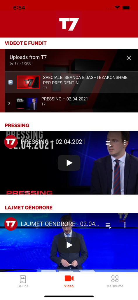 Gazeta Express app video interface featuring Albanian news and T7 programs