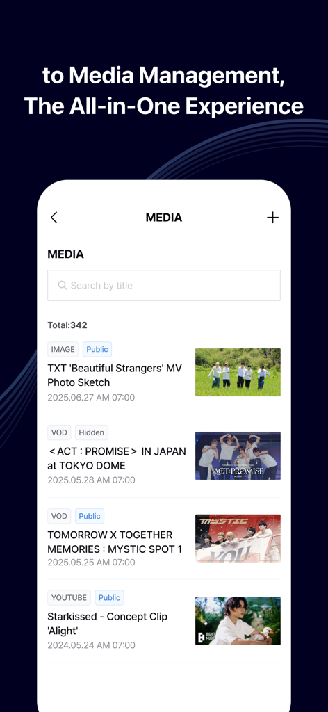 Weverse Backstage media management screen showing a list of artist photos and videos