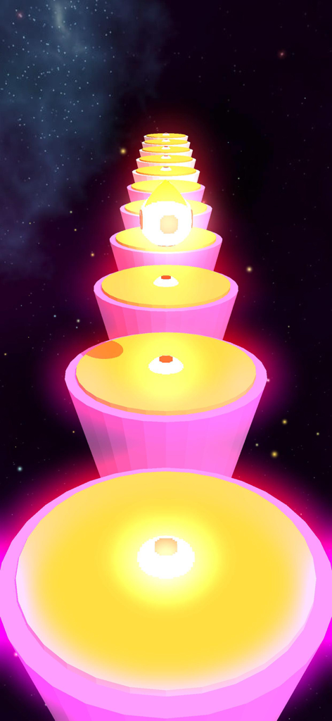 Jump Ball - Hop Stack Color 3D - A glowing ball hopping across a series of vibrant pink and yellow platforms in a 3D space-themed environment.