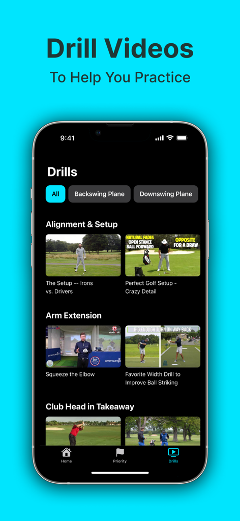 Interface of the Sparrow Golf app showing a library of instructional drill videos for practicing golf swings.