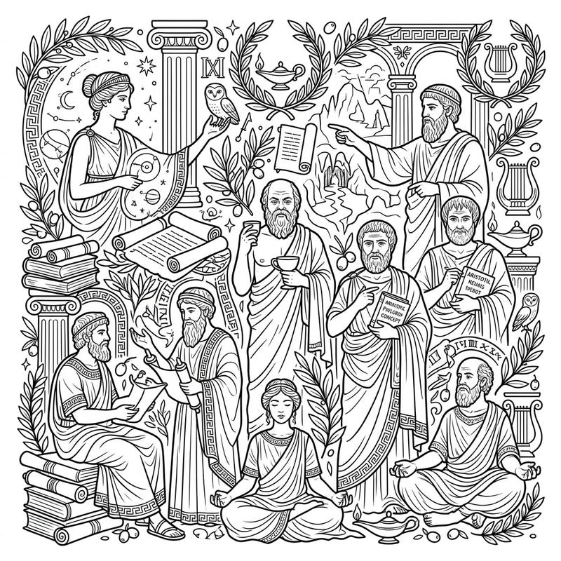 Dive into the rich history of classical thought with this intricate coloring page featuring legendary ancient philosophers. Bring these iconic figures and their world to life with your unique artistic touch.