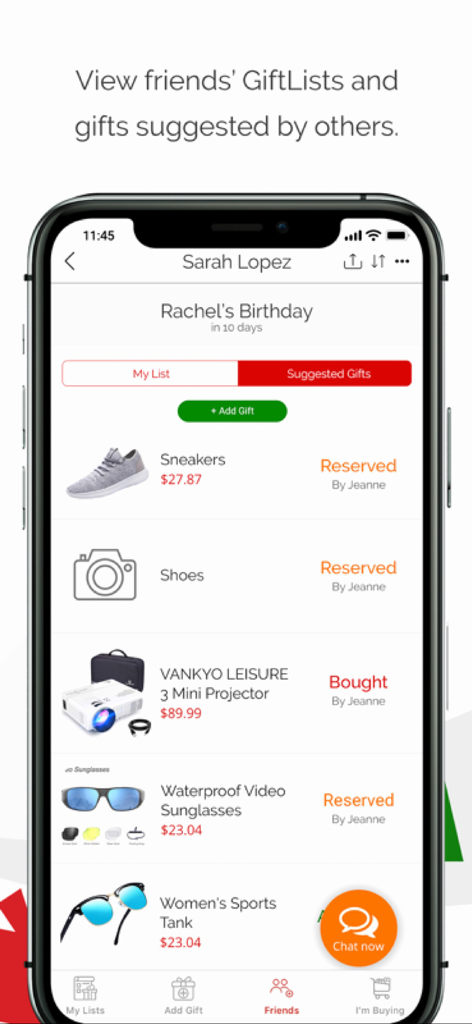 Interface of the GiftList app showing a shared birthday wish list with items marked as reserved or bought to prevent duplicate gifts