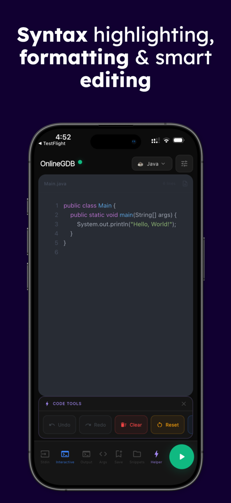 Smartphone screen showing OnlineGDB Mobile code editor with Java syntax highlighting