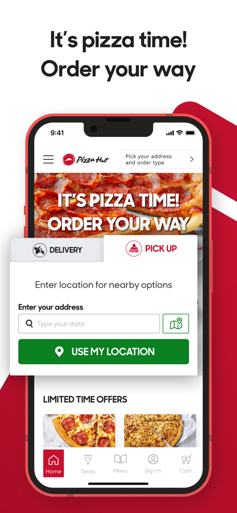 The home screen of the Pizza Hut Trinidad and Tobago app featuring options for delivery or pick up and an address search bar.