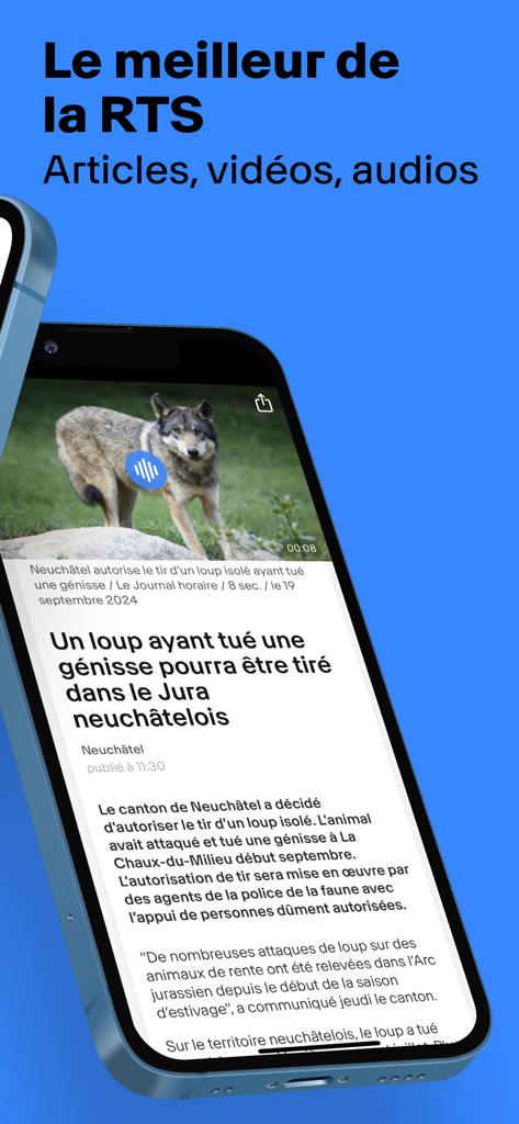 RTS Info : Toute l’actualité - Aplicativo de notícias RTS Info mostrando um artigo em francês na tela de um smartphone.